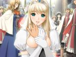  between_breasts blonde_hair blue_eyes blush breast_squeeze breasts cape cleavage crowd crown dress elbow_gloves game_cg gloves huge_breasts julietto pov princess_juliette queen_bonjourno rizeru robe sano_toshihide smile white_gloves 