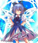  bloomers blue_eyes blue_hair bow cirno dress hair_bow hands_on_hips naridon short_hair smile touhou wings wink 