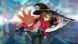  1girl artist_name black_pants black_sclera bright_background broken_glass brown_hair colored_sclera colorful_background disembodied_eye eyelashes glass hat horizon iridescent looking_at_viewer original pants reaching reaching_towards_viewer red_eyes red_shirt reflective_floor shirt signature star_(sky) tight_clothes tight_pants trippy_poly watermark witch_hat 