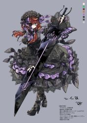  1girl ahoge black_corset black_dress black_headdress black_nails black_shoes black_sleeves bow bowtie breasts butterfly_ornament character_profile color_guide commission corset detached_sleeves dress eyepatch frilled_dress frilled_sleeves frills full_body goth_fashion gothic_lolita green_eyes grey_background grey_pantyhose high_heels highres holding holding_sword holding_weapon huge_weapon large_breasts lolita_fashion long_hair looking_at_viewer multicolored_hair orange_streaks original pantyhose parted_lips patterned_legwear purple_bow purple_bowtie purple_dress sakuma_gin_maru_sakuma see-through_cleavage see-through_clothes shoes sidelocks skeb_commission solo standing streaked_hair swept_bangs sword weapon wide_sleeves 