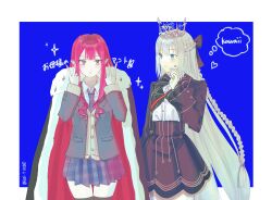  2girls artist_name baobhan_sith_(fate) black_bow blue_eyes bow braid crown fate/grand_order fate_(series) hair_between_eyes hair_bow half_up_braid highres iori_t101010 long_hair looking_at_viewer morgan_le_fay_(fate) morgan_le_fay_(student_council_president)_(fate) mother_and_child mother_and_daughter multiple_girls parent_and_child pink_hair pointy_ears standing white_hair 