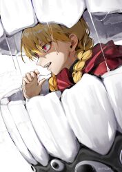  1girl absurdres blonde_hair braid commentary_request extra_eyes from_side gabriel_(yomi_no_tsugai) gabu_(yomi_no_tsugai) hair_between_eyes hand_up highres hood hoodie long_hair looking_ahead low_twin_braids open_mouth profile red_eyes red_hoodie solo srhk96 teeth twin_braids yomi_no_tsugai 