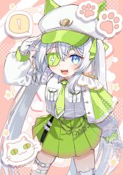  ! 1girl :d absurdres animal_ears animal_hat arm_up blue_eyes commentary_request copyright_request eyepatch fake_animal_ears gloves green_skirt grey_hair hair_between_eyes hat highres lightning_bolt_symbol long_hair long_sleeves looking_at_viewer peaked_cap pleated_skirt puffy_long_sleeves puffy_sleeves shirt skirt smile sofra solo spoken_exclamation_mark star_(symbol) twintails very_long_hair watermark white_gloves white_hat white_shirt 
