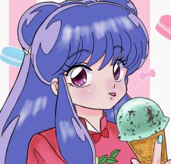  1girl bow chinese_clothes floral_print food hair_bow holding holding_ice_cream_cone ice_cream ice_cream_cone long_hair mint_chocolate purple_hair rabitan1022 ranma_1/2 shampoo_(ranma_1/2) sidelocks smile tongue tongue_out violet_eyes white_bow 