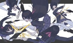  2girls axe black_hair black_jacket blue_skirt bow bowtie brown_shoes commentary_request hair_ornament hairclip holding holding_axe jacket layered_sleeves letterboxed loafers long_hair long_sleeves miniskirt mosuroshyu multiple_girls multiple_views nazono_mito nijisanji open_clothes open_jacket open_mouth outside_border plaid_clothes plaid_skirt pleated_skirt red_bow red_bowtie school_uniform shoes simple_background skirt sweater thigh-highs tsukino_mito v-shaped_eyebrows virtual_youtuber white_background white_thighhighs yellow_sweater 