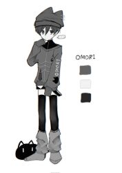  ... 1boy alternate_costume animal_hat cat cat_hat closed_mouth copyright_name double-parted_bangs expressionless greyscale hair_between_eyes hat highres kesson_sora leg_warmers long_sleeves looking_at_viewer mewo monochrome omori omori_(omori) short_hair solo spoken_ellipsis thigh-highs 