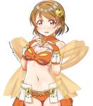  1girl bikini_bottom bikini_top blush breasts brown_hair cleavage earrings jewelry koizumi_hanayo love_live!_school_idol_project midriff navel parted_lips shawl short_hair simple_background solo sukaru573 violet_eyes white_background 