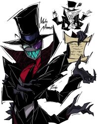  1boy annoyed aqua_teeth black_coat black_hat black_hat_(villainous) black_necktie buttons coat collared_shirt colored_skin colored_teeth crossed_arms english_text extra_arms grey_skin grin hat highres holding holding_paper looking_at_viewer male_focus middle_finger monocle multiple_views necktie open_clothes open_coat paper pow-61046 red_shirt sharp_teeth shirt smile teeth top_hat v-shaped_eyebrows villainous white_background 