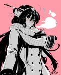  1girl blush coat double-breasted headgear kantai_collection kojima_saya long_hair monochrome nagato_(kantai_collection) pink_background scarf simple_background solo sweatdrop winter_clothes winter_coat 