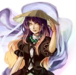 1girl adjusting_clothes adjusting_hat black_dress blonde_hair cross-laced_clothes dress frills gradient gradient_hair hand_on_headwear hat highres hijiri_byakuren jewelry lantrat666 layered_dress long_hair looking_at_viewer multicolored_hair necklace puffy_sleeves purple_hair short_sleeves smile solo touhou urban_legend_in_limbo wavy_hair white_background yellow_eyes 