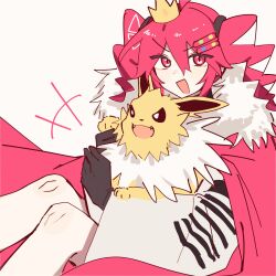  black_gloves cape crown drill_hair fiction_desu_(synthesizer_v) fur-trimmed_cape fur_trim gloves gold_crown hair_between_eyes hair_ornament hair_tie hairclip highres holding holding_pokemon jolteon kasane_teto knees open_mouth pealerprpr pokemon pokemon_(creature) red_cape red_eyes red_hair synthesizer_v twin_drills utau 