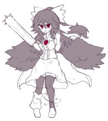  1girl absurdres arm_cannon atom bird_wings blush bow breasts cape chest_eye collared_shirt control_rod_(touhou) full_body greyscale hair_bow highres long_hair medium_breasts monochrome open_mouth puffy_short_sleeves puffy_sleeves rampa93 red_eyes reiuji_utsuho shirt shoes short_sleeves skirt smile solo spot_color thigh-highs third_eye touhou weapon wings 