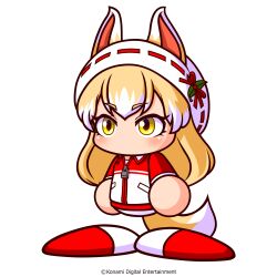  1girl animal_ears artist_request blonde_hair copyright_notice ears_through_headwear fox_ears fox_girl fox_tail full_body hat hat_ornament hat_ribbon highres jacket jikkyou_powerful_pro_yakyuu jikkyou_powerful_pro_yakyuu_(style) leaf_hat_ornament long_hair multicolored_hair multicolored_jacket multicolored_shoes no_mouth official_art oinari_tamamo pants rayman_limbs red_jacket red_ribbon red_shoes ribbon shoes solo tachi-e tail track_jacket transparent_background two-tone_shoes white_hair white_hat white_jacket white_pants white_shoes yellow_eyes 