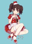  1girl apron brown_eyes brown_hair coca-cola coke_bottle dress drinking_straw hat high_heels highres looking_at_viewer maki_(natoriumu) original puffy_short_sleeves puffy_sleeves red_dress short_sleeves solo thigh_strap twintails waist_apron 
