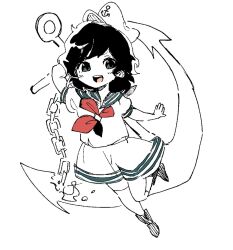  anchor black_hair chain commentary_request full_body green_eyes green_sailor_collar hat highres looking_at_viewer mitsusame open_mouth sailor_collar sailor_hat sailor_shirt shirt short_sleeves shorts teeth touhou upper_teeth_only white_background white_shirt 