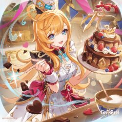 1girl :d absurdres apron blonde_hair blue_eyes blueberry bow cake chef_hat chocolate commentary copyright_name cowlick english_commentary escoffier_(genshin_impact) food fruit genshin_impact hat heart highres holding holding_plate index_finger_raised long_hair looking_at_viewer mixing_bowl official_art open_mouth red_bow smile sparkle strawberry streamers white_apron white_hat wrist_cuffs