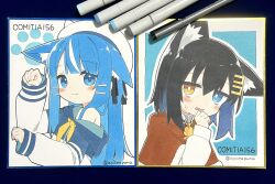  2girls :3 absurdres animal_ear_fluff animal_ears animal_hat beret black_hair blue_eyes blue_hair blush_stickers brown_capelet brown_eyes capelet closed_mouth commentary_request fake_animal_ears fur-trimmed_capelet fur_trim hair_ornament hairclip hat heterochromia highres hood hood_down hooded_jacket jacket koko_(ayanepuna) long_hair long_sleeves multicolored_hair multiple_girls nia_(ayanepuna) off_shoulder original paw_pose photo_(medium) puffy_long_sleeves puffy_sleeves shikishi shirt sleeves_past_wrists small_sweatdrop streaked_hair sweat traditional_media twitter_username upper_body very_long_hair white_hair white_hat white_jacket white_shirt yuune_(ayanepuna) 