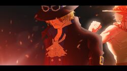  2boys ascot black_coat black_hat blonde_hair blue_shirt clenched_hand coat collared_coat commentary commission courtneyemmet embers goggles goggles_on_headwear hat highres jewelry letterboxed multiple_boys necklace one_piece orange_hat pearl_necklace portgas_d._ace sabo_(one_piece) scar scar_on_face shirt short_hair topless_male white_ascot 