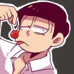  1boy cherry close-up dress_shirt food fruit green_background highres looking_at_viewer male_focus matsuno_choromatsu open_clothes open_shirt osomatsu-kun osomatsu-san shirt simple_background solo tongue tongue_out 