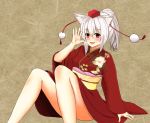  1girl alternate_costume alternate_hair_length alternate_hairstyle animal_ears hat highres inubashiri_momiji japanese_clothes kimono looking_at_viewer open_mouth red_eyes silver_hair simple_background sitting solo tokin_hat touhou wolf_ears 