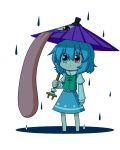  1girl :&lt; blue_eyes blue_hair blush chibi heterochromia highres katsumi5o rain red_eyes short_hair skirt solo tatara_kogasa tongue touhou tunic umbrella 