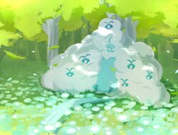  absurdres ahoge altaria blush_stickers closed_eyes clouds commentary_request evolutionary_line falling_leaves falling_petals highres leaf natto_cha_han nature no_humans outdoors petals pokemon pokemon_(creature) pokemon_focus sitting swablu tree 