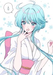  1girl back_bow blue_eyes blue_hair bow chiwa_(chiwawanwan1206) commentary_request hand_to_own_mouth hands_up highres japanese_clothes jigoku_sensei_nube kimono obi open_mouth pink_bow pink_sash sash short_hair_with_long_locks small_sweatdrop smile snowflake_background snowflakes solo speech_bubble spoken_sweatdrop sweatdrop upper_body white_kimono wide_sleeves yukime_(jigoku_sensei_nube) 