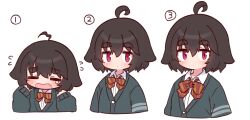  1girl ahoge blush bow bowtie brown_hair cardigan closed_eyes closed_mouth collared_shirt commentary_request cropped_torso diagonal-striped_bow diagonal-striped_bowtie diagonal-striped_clothes dot_mouth fang flying_sweatdrops green_cardigan hair_between_eyes heart heart_ahoge highres long_sleeves looking_at_viewer mole mole_under_eye multiple_views naga_u naga_u-chan open_mouth original red_bow red_bowtie shirt short_hair simple_background sleeves_past_wrists striped_bow striped_bowtie striped_clothes thick_eyebrows upper_body violet_eyes white_background white_shirt 