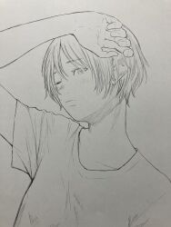  1girl arm_up closed_mouth commentary_request crew_neck expressionless greyscale highres looking_at_viewer monochrome one_eye_closed original pen_(medium) photo_(medium) shirt short_hair short_sleeves sketch solo t-shirt traditional_media turning_head upper_body very_short_hair yoshimizm 