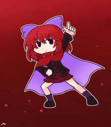  1girl 216 :< arm_up black_eyes black_shirt bow cape capelet chibi chibi_only closed_mouth commentary_request full_body hair_bow long_sleeves looking_at_viewer medium_hair outline purple_bow purple_cape purple_socks red_background red_cape red_capelet red_hair red_skirt ribbon-trimmed_bow ribbon-trimmed_shirt ribbon-trimmed_sleeves ribbon_trim sekibanki shirt shoes signature skirt socks solo touhou two-sided_cape two-sided_fabric white_outline 