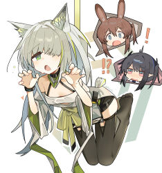  ! !? 3girls absurdres amiya_(arknights) animal_ears arknights bare_shoulders black_thighhighs blue_eyes blush breasts cat_ears cat_girl cat_tail claw_pose closure_(arknights) clothing_cutout dress green_eyes green_hair highres hip_vent kal'tsit_(arknights) kal'tsit_esperanta_(arknights) kanshio medium_hair multiple_girls pointy_ears rabbit_ears rabbit_girl red_eyes small_breasts speech_bubble spoken_character tail thigh-highs vampire white_background white_dress 