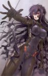  1girl beatrix_bremer black_hair bodysuit breasts carnelian cleavage covered_navel large_breasts lips long_hair muvluv official_art open_mouth outstretched_arms red_eyes scan scan_artifacts schwarzesmarken shouting skin_tight solo teeth wavy_hair 