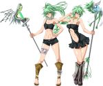 2girls bare_shoulders blush breasts caam_serenity_of_gusto cleavage collar collarbone covered_nipples duel_monster green_eyes green_hair hair_ornament hand_on_hip highres jewelry long_hair looking_at_viewer midriff multiple_girls navel ponytail sandals shorts simple_background smile staff tore-saki transparent_background winda_priestess_of_gusto yuu-gi-ou 