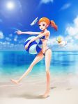 1girl ball barefoot beach beachball bikini breasts clouds cup disembodied_limb drink drinking_glass earrings fangs food footprints fruit gloves highres jewelry lemon long_hair ocean open_mouth orange_hair original pointing pointy_ears ponytail sand sky smile solo swimsuit violet_eyes walking 