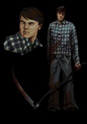  1boy black_background blood blood_on_clothes blood_on_weapon brown_hair checkered_clothes checkered_shirt collared_shirt commentary english_commentary harvester_(video_game) highres holding holding_scythe holding_weapon j0intr0ller42 red_eyes scythe shirt solo steve_mason weapon 