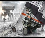  1girl black_eyes black_hair gia gloves gun hood hoodie mecha original rifle rubble ruins short_hair solo weapon 