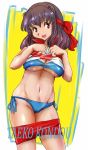  1girl bikini breasts brown_eyes brown_hair girls_und_panzer highres hyakute_gyojin kondou_taeko short_hair sportswear standing swimsuit under_boob undressing volleyball_uniform 