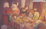  3girls 4boys alcohol alphys androgynous armor asgore_dreemurr asriel_dreemurr baguette beard beer blonde_hair blush_stickers bread brown_hair caribun chara_(undertale) chef_hat crossed_out dinner eating english everyone facial_hair flowey_(undertale) food frisk_(undertale) goat_ears hat highres hood hoodie horns kebab littlebigkid2000 monster_boy monster_girl monster_kid_(undertale) multiple_boys multiple_girls napkin oven_mitts papyrus_(undertale) pasta photoshop pie pizza ponytail red_eyes redhead sans scarf shirt sitting skewer smile spaghetti spoilers striped striped_shirt sweater thumbnail_surprise time_paradox tongs toriel under_table undertale undyne 