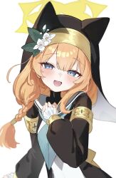  1girl absurdres animal_ear_headwear animal_ears aqua_neckerchief black_dress blue_archive blue_eyes blush braid cat_ears commentary_request cross double-parted_bangs dress flower frilled_wrist_cuffs frills gold_bangle hair_between_eyes halo hand_on_own_chest happy hat hat_flower highres long_hair long_sleeves looking_at_viewer mari_(blue_archive) neckerchief nun nun_headdress open_mouth orange_hair puffy_sleeves sailor_collar simple_background solo upper_body urashima_jiro white_background white_flower white_sailor_collar wrist_cuffs yellow_halo 