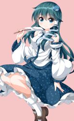 1girl arm_garter bare_shoulders blue_eyes blue_skirt blush bobby_socks breasts brown_shoes collared_shirt commentary_request detached_sleeves frog_hair_ornament gohei green_hair hair_ornament hair_tubes highres japanese_clothes kochiya_sanae long_hair long_sleeves looking_at_viewer mary_janes medium_breasts miko ruu_(tksymkw) shirt shoes skirt smile snake_hair_ornament socks solo touhou white_shirt white_socks wide_sleeves 