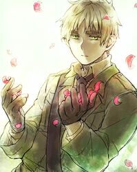  1boy axis_powers_hetalia character_request gloves ha.skr_(hasukara) military military_uniform necktie petals solo uniform 