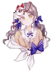  1girl arcaea blue_bow blue_ribbon bow brown_hair checkered_clothes collared_dress dress hair_ribbon haori highres japanese_clothes kanae_(arcaea) kimono long_hair looking_at_viewer mask mask_on_head merc4ury0 ribbon simple_background smile solo twintails white_background white_haori yellow_eyes yellow_kimono 