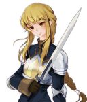  1girl agrias_oaks armor blonde_hair blush braid breastplate brown_gloves elbow_pads final_fantasy final_fantasy_tactics gloves holding_sword holding_weapon jolin0323 long_hair low-tied_long_hair shoulder_pads sidelocks simple_background single_braid smile solo sword upper_body weapon white_background yellow_eyes 