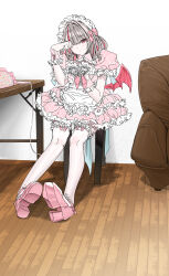  1girl alternate_costume apron armchair brown_hair chair colored_inner_hair commentary demon_wings dress frilled_thighhighs frilled_wrist_cuffs frills highres indoors maid maid_apron maid_headdress makaino_ririmu multicolored_hair nijisanji on_chair pink_dress pink_eyes pink_shoes platform_shoes puffy_short_sleeves puffy_sleeves shoes short_sleeves sitting solo streaked_hair su_pa_ri table thigh-highs two-tone_hair unconventional_maid untranslatable_commentary virtual_youtuber white_thighhighs wings wooden_chair wooden_floor wooden_table wrist_cuffs 