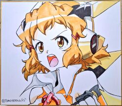  1girl bare_shoulders bob_cut brown_hair brown_pupils clenched_hand colored_sclera commentary_request hair_ornament hairclip headgear headphones multiple_hairclips open_mouth photo_(medium) senki_zesshou_symphogear short_hair shouting simple_background solo symphogear_pendant tachibana_hibiki_(symphogear) tomosoraaki traditional_media tsurime twitter_username upper_body v-shaped_eyebrows white_background yellow_sclera 