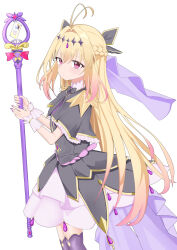  1girl absurdres antenna_hair black_bow black_bowtie black_capelet black_dress black_ribbon blonde_hair blunt_bangs blush bow bowtie braid capelet commentary cowboy_shot cure_arcana_shadow diamond_hairband dress expressionless frilled_capelet frills from_side hair_between_eyes hair_intakes hair_ribbon half_up_braid hands_up highres holding holding_staff long_hair looking_at_viewer magical_girl mamiya_yuki meitantei_precure! moria_luluka nail_polish nose parted_lips pleated_dress precure purple_nails purple_thighhighs purple_veil red_eyes ribbon sidelocks simple_background solo staff tear_arcana_rod thigh-highs two-tone_dress veil very_long_hair white_background white_dress white_wrist_cuffs wrist_cuffs zettai_ryouiki 