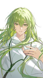  1boy absurdres androgynous bishounen chinese_commentary commentary crossed_bangs enkidu_(fate) fate/grand_order fate/strange_fake fate_(series) green_eyes green_hair hair_between_eyes hand_on_own_chest highres long_hair looking_at_viewer male_focus robe simple_background smile solo straight-on very_long_hair white_background white_robe xuan_xuan_xuan_za 
