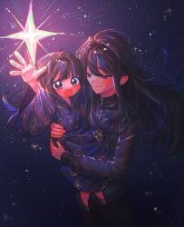  2girls :d araya_(project_moon) arm_up black_eyes black_hair black_jacket black_pants blush booooobam carrying carrying_person child child_carry closed_mouth commentary_request floating_hair floral_print floral_print_kimono glowing half-closed_eyes highres jacket japanese_clothes kimono korean_commentary limbus_company long_hair long_sleeves mother_and_child mother_and_daughter multiple_girls night object_floating_above_hand open_mouth outstretched_arm pants parent_and_child print_kimono project_moon purple_kimono ryoshu_(project_moon) sidelocks sky smile sparkle star_(sky) star_(symbol) starry_sky wide_sleeves yukata zipper zipper_pull_tab 