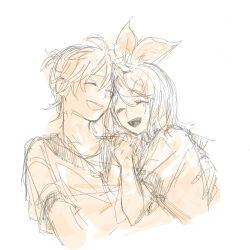  1boy 1girl ^_^ ahoge bow cheek-to-cheek closed_eyes commentary_request hair_between_eyes hair_bow hair_ornament hairclip hand_on_another's_back happy heads_together highres kagamine_len kagamine_rin leaning_on_person necktie open_mouth parallel_hairclips ponytail ppy_t0_0 sailor_collar shirt short_ponytail short_sleeves sketch smile swept_bangs vocaloid 