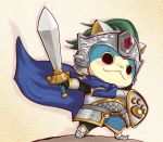  armor blush cape cat full_body hinako_iroiro knight looking_at_viewer no_humans notched_ear nyankishi seigaiha shield solo standing sword weapon youkai youkai_watch 